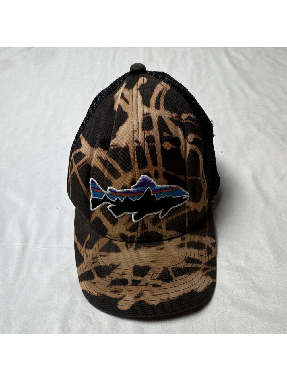 Patagonia Mesh Trucker Hat Black/Brown Camo Fish Logo Adjustable